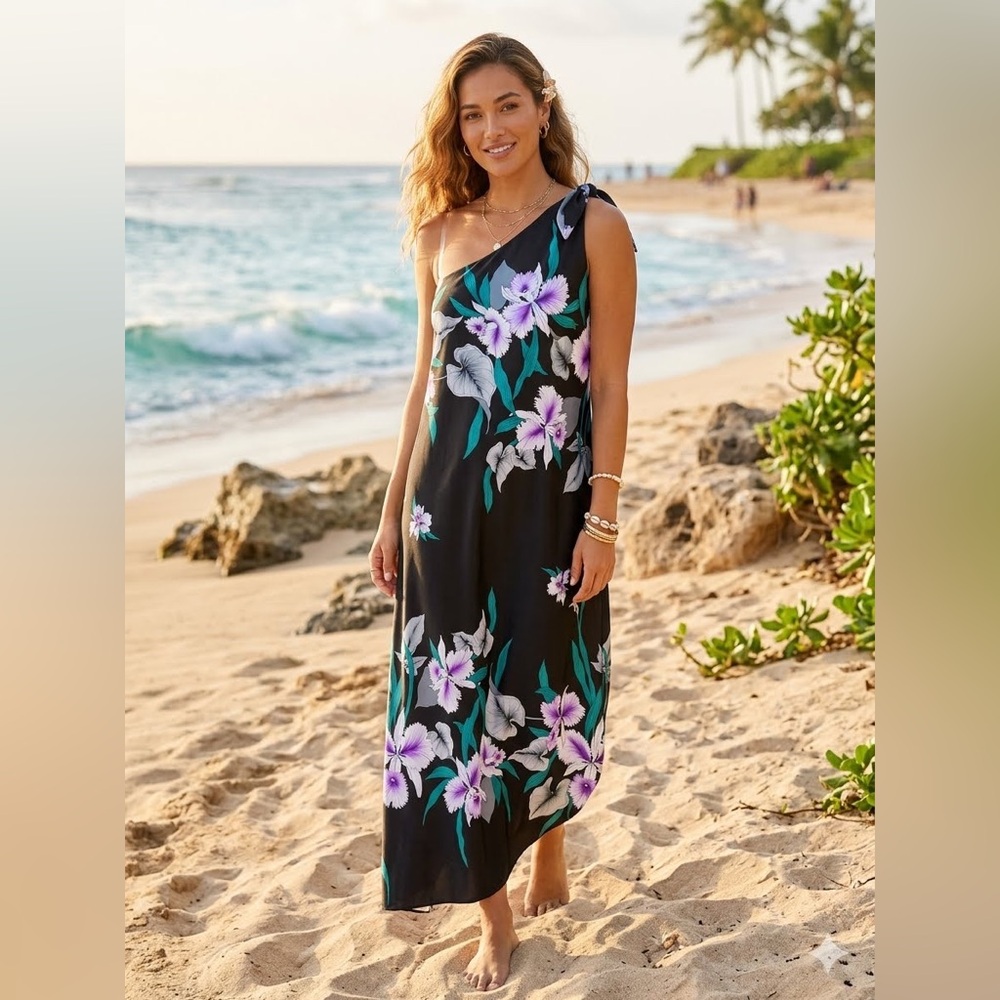 VNTG 80s hilo hattie one shoulder colorful floral dress Summer beach size large